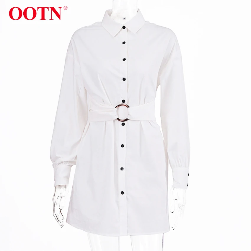 OOTN, отложной воротник, синяя туника, платье-рубашка, женское платье с длинным рукавом и поясом, офисное женское мини-платье, Осень-зима, повседневное белое платье