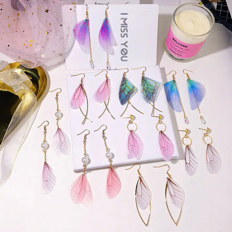 

1 Pair Korean Retro Literary Temperament Handmade Earrings Pearl Earrings Tulle Butterfly Wing Ear Hook Jewelry Accesories 8.9cm