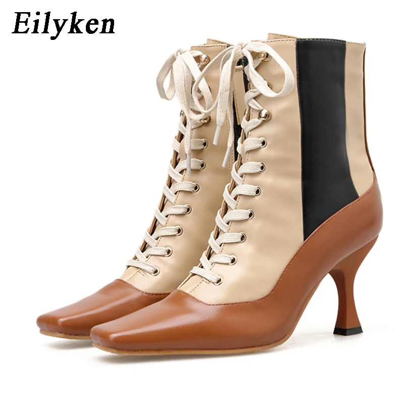 Eilyken/Размеры 35-39; дизайнерская женская обувь; Новинка года; сезон осень-зима ботинки черного цвета на каблуке ботильоны на платформе со шнуровкой высокий каблук 8 см