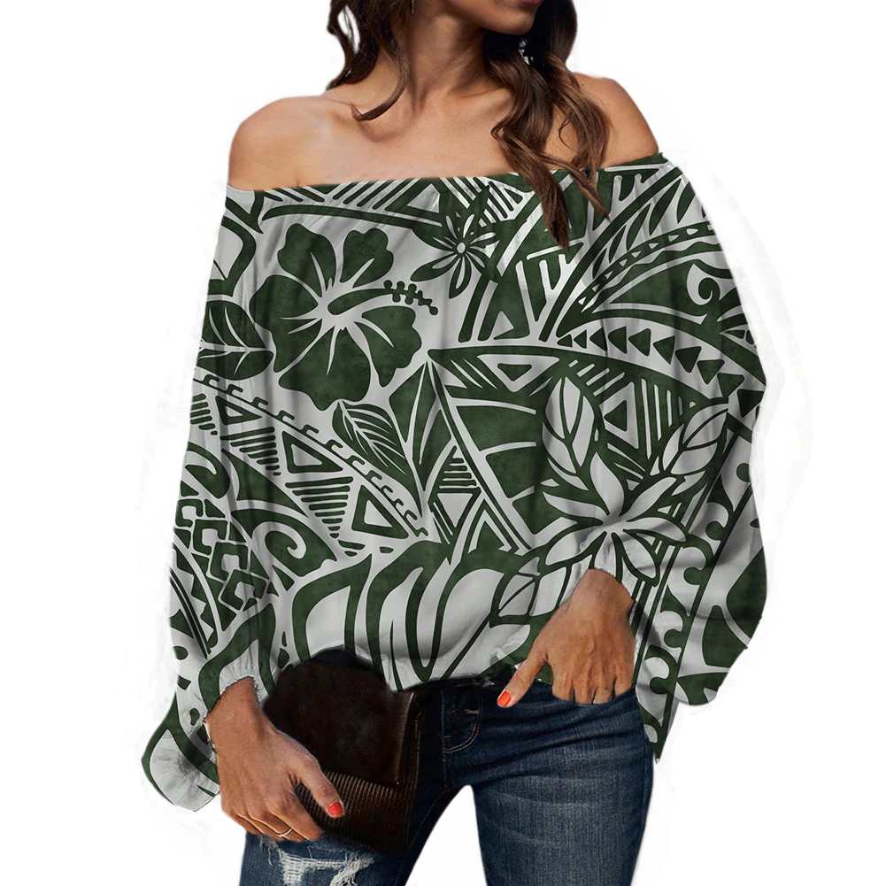 

Off Shoulder Women Sexy Shirt Polynesian Hibiscus Tattoo Print Long Sheelves Chiffon Tops Elegant Female Blouse Streetwear Party