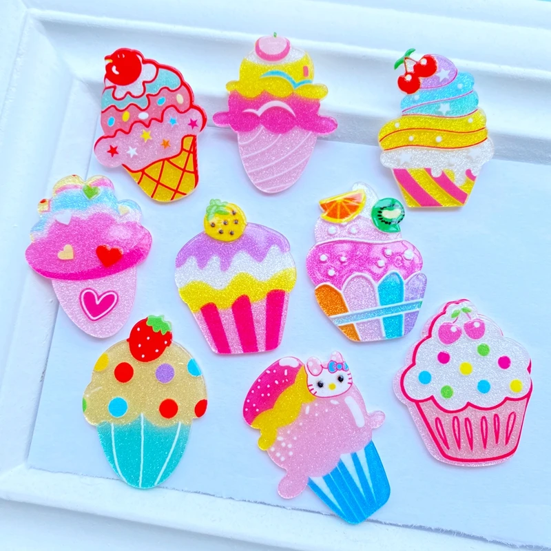 

10Pcs New Cartoon Lovely Mini Shiny Ice Cream Acrylic Flat Bottom DIY Crafts Mobile Phone Case Accessories