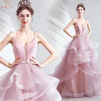pink ruffles prom dresses v neck sexy spaghetti straps elegant formal party long evening gowns with belt vestido de festa 2019
