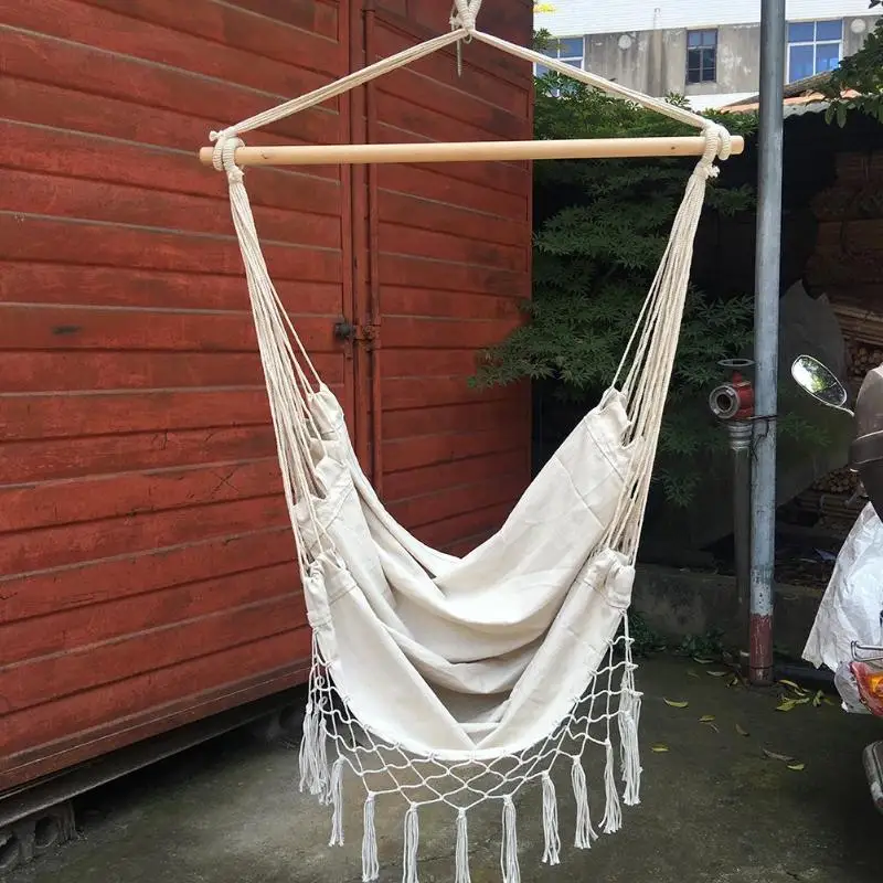 

Safety Beige Hammock Bohemia Style Cotton Rope Net Chair Hanger Portable Outdoor Indoor Garden Bedroom Tassels Seat