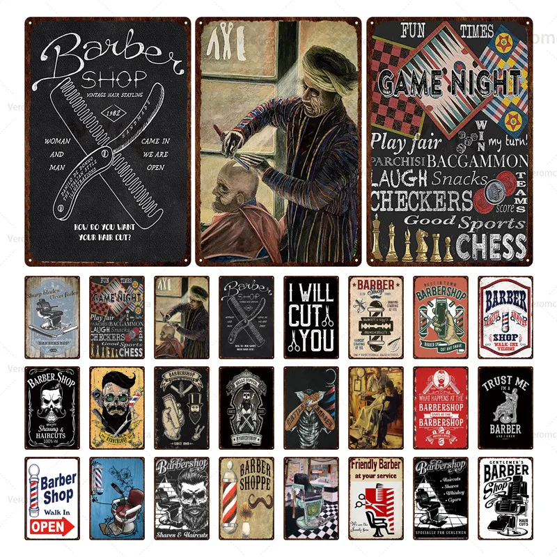 

European Style Barber Shop Barber Tools Metal Tin Sign Retro Decoration Barber Tattoo Shop Art Printing Painting Wall Plaque