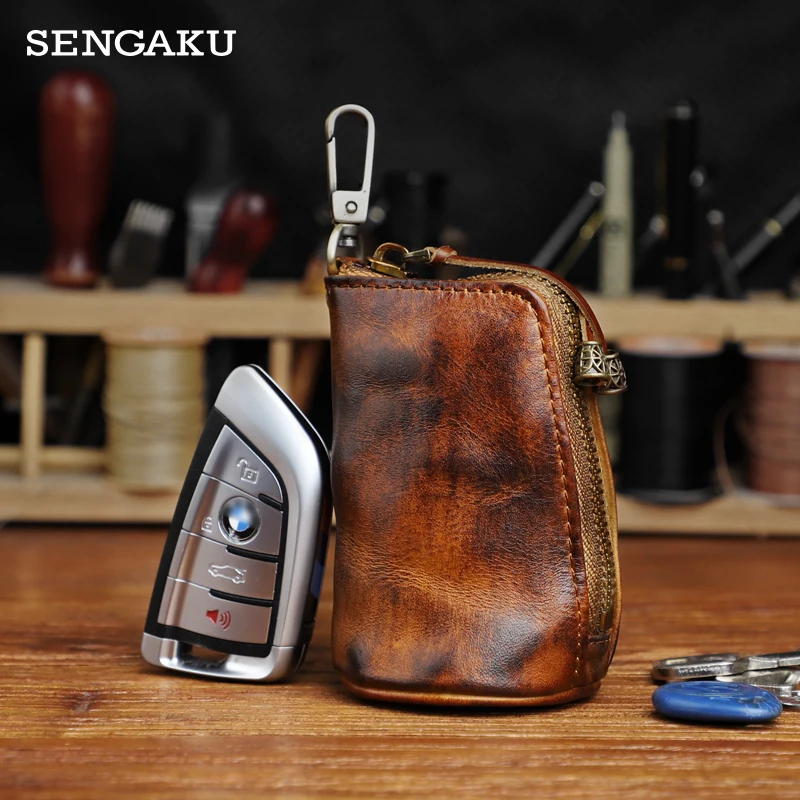 Brand New Men's Cowhide Leather Zipper Purse Bag Retro Car Key Wallets Fashion Multi-functional Housekeeper Holders