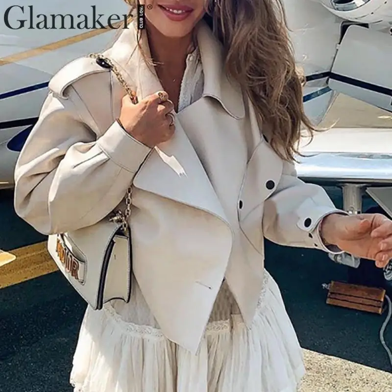 Glamaker однотонная искусственная кожа короткая зимняя куртка женская с длинным рукавом Базовая осенняя куртка пальто Женский бомбер повседневная кожаная новая куртка