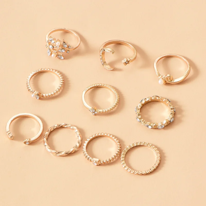 

10 Pcs/Set Sweet Crystal Leaf Flower Moon Star Opening Heart Rings for Women Fashion Geometric Gold Imitation Pearl Ring Jewelry