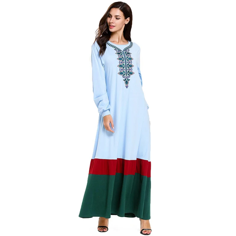 Biru Muda Plus Ukuran Wanita Muslim Abaya Hijau Merah Patch Lengan Panjang Bordir Turki Indonesia Maxi Dress M- 4XL