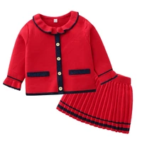 new winter kids girl clothes red long sleeve thickening knitted cardigan coat jacket and pleated stripes half length skirt set