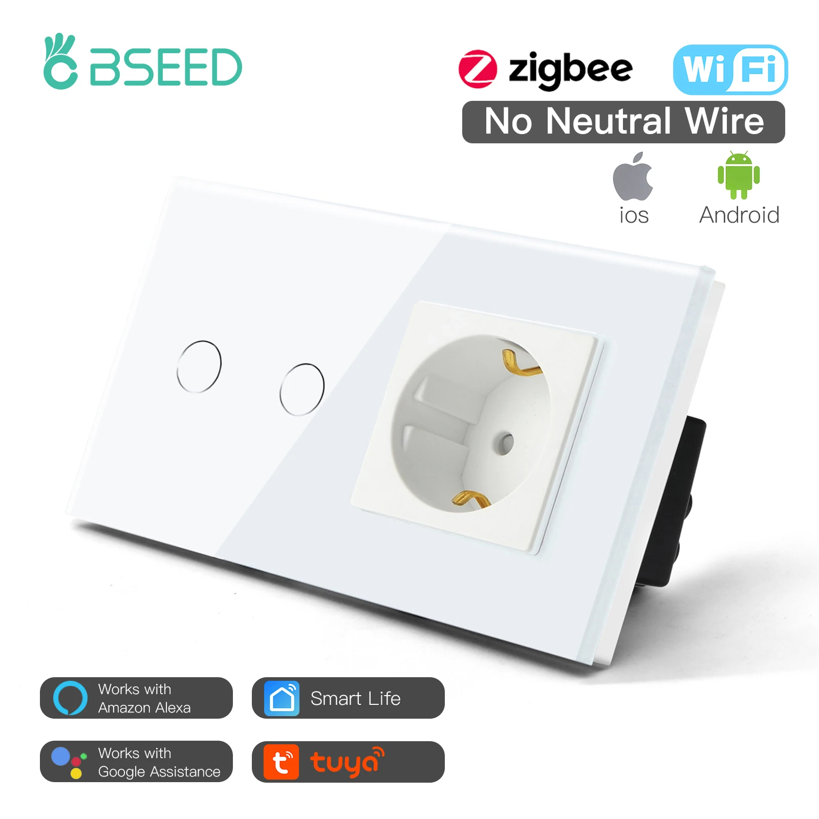 

Bseed RU EU Type Zigbee Smart 2 Gang EU Standard Light Touch Switches With Wall Socket Plug Crystal Glass Panel Improvement