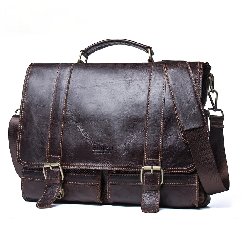 

CONTACT'S Men's Briefcase Genuine Leather Business Handbag Laptop Casual Large Shoulder Bag Vintage Messenger Bags Luxury Bolsas