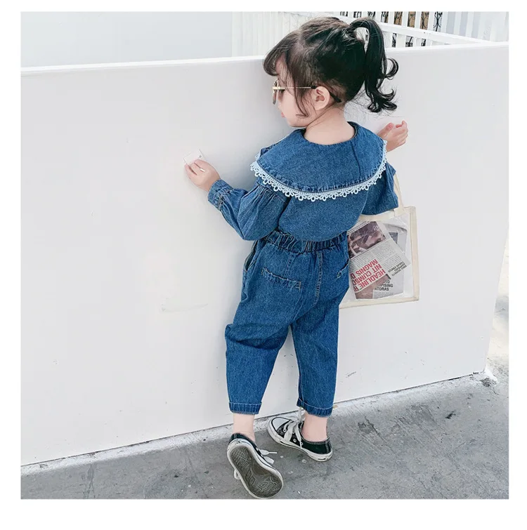 От 3 до 7 лет для маленьких девочек однотонный кружевной джинсовый костюм из двух