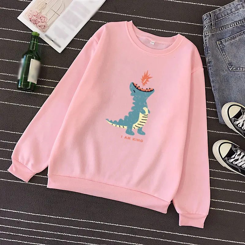 Женская толстовка с принтом динозавра осенняя Толстая длинным рукавом и круглым
