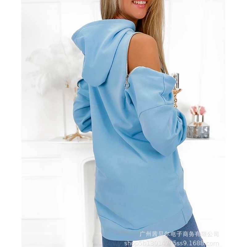 

WEPBEL Hoodies Women's Casual Solid Long Sleeve Zipper Sweatshirts Spring Autumn Loose Hollow Out Pocket Hooded Sweatshirts