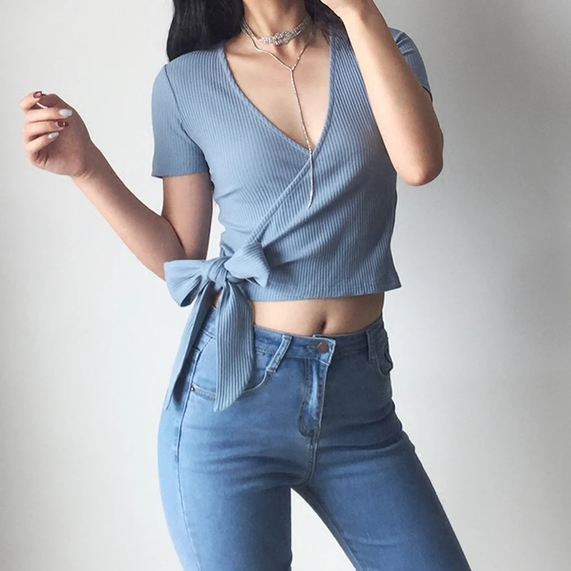 Женская белая футболка на шнуровке с бантом сексуальная v-образным вырезом крест