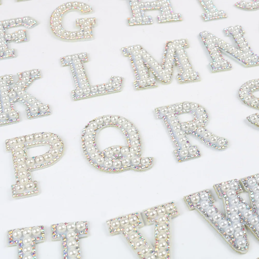 

Iron on white Pearl English Letters Rhinestone Patches For garments diy craft names alphabets