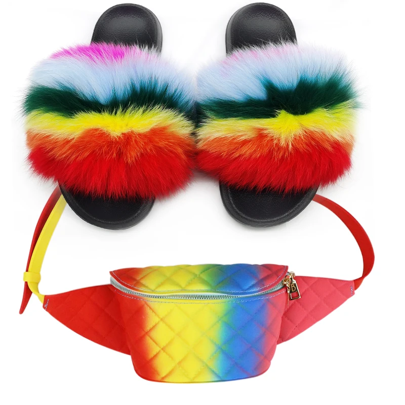

Fur Slides and Purse Set Wholesale Women Fur Slippers Gril's Fluffy Fur Sandals Solid Fanny Pack Female Designer Shoes Luxury