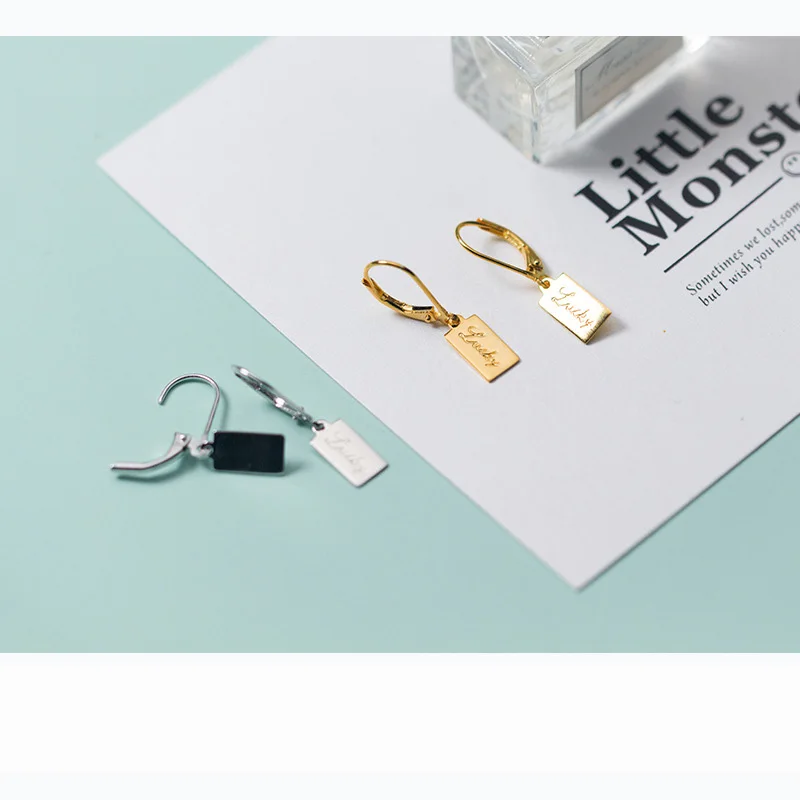 Женские серьги гвоздики из серебра 100% пробы с надписью на удачу|Серьги-гвоздики| |