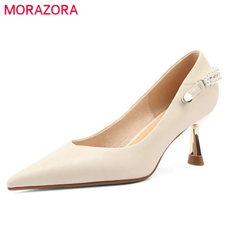 

MORAZORA 2022 New Arrive Women Pumps Pointed Toe Slip On Thin High Heels Party Dress Shoes Pearl Summer Women Single Shoes