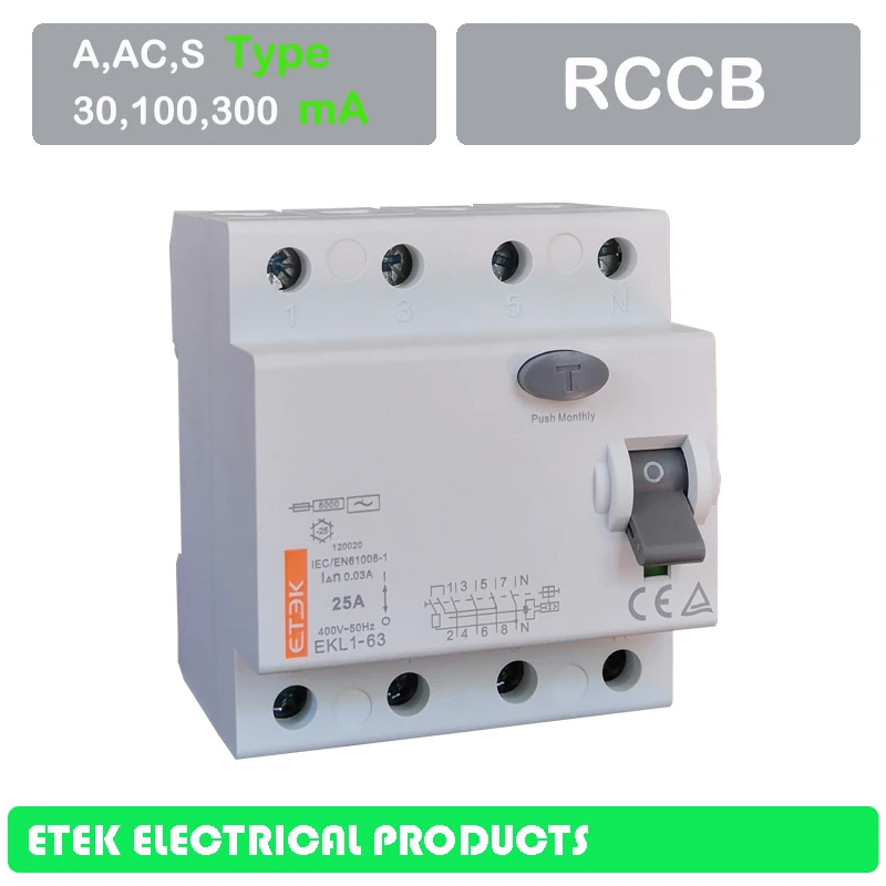 RCCB EKL1 63 4 P 30MA 100MA 300MA переменного тока Тип 400/415 V ~ 50 Гц/60 Гц остаточный ток