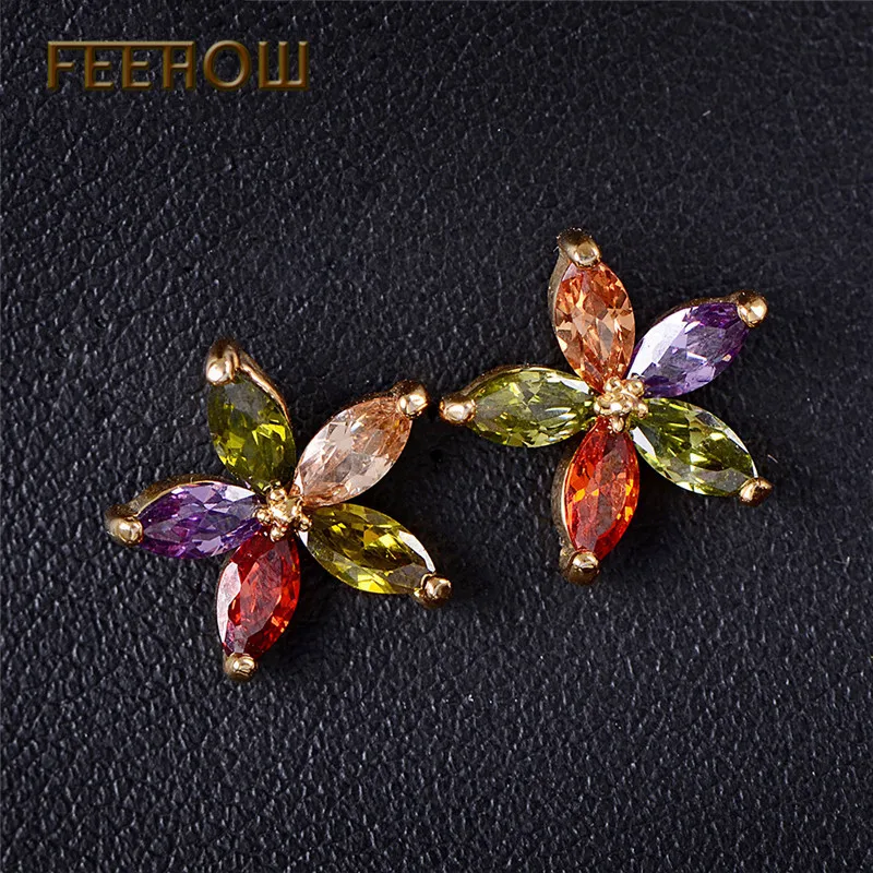 FEEHOW разноцветные камни CZ серьги для женщин цветок кубический цирконий Кристалл