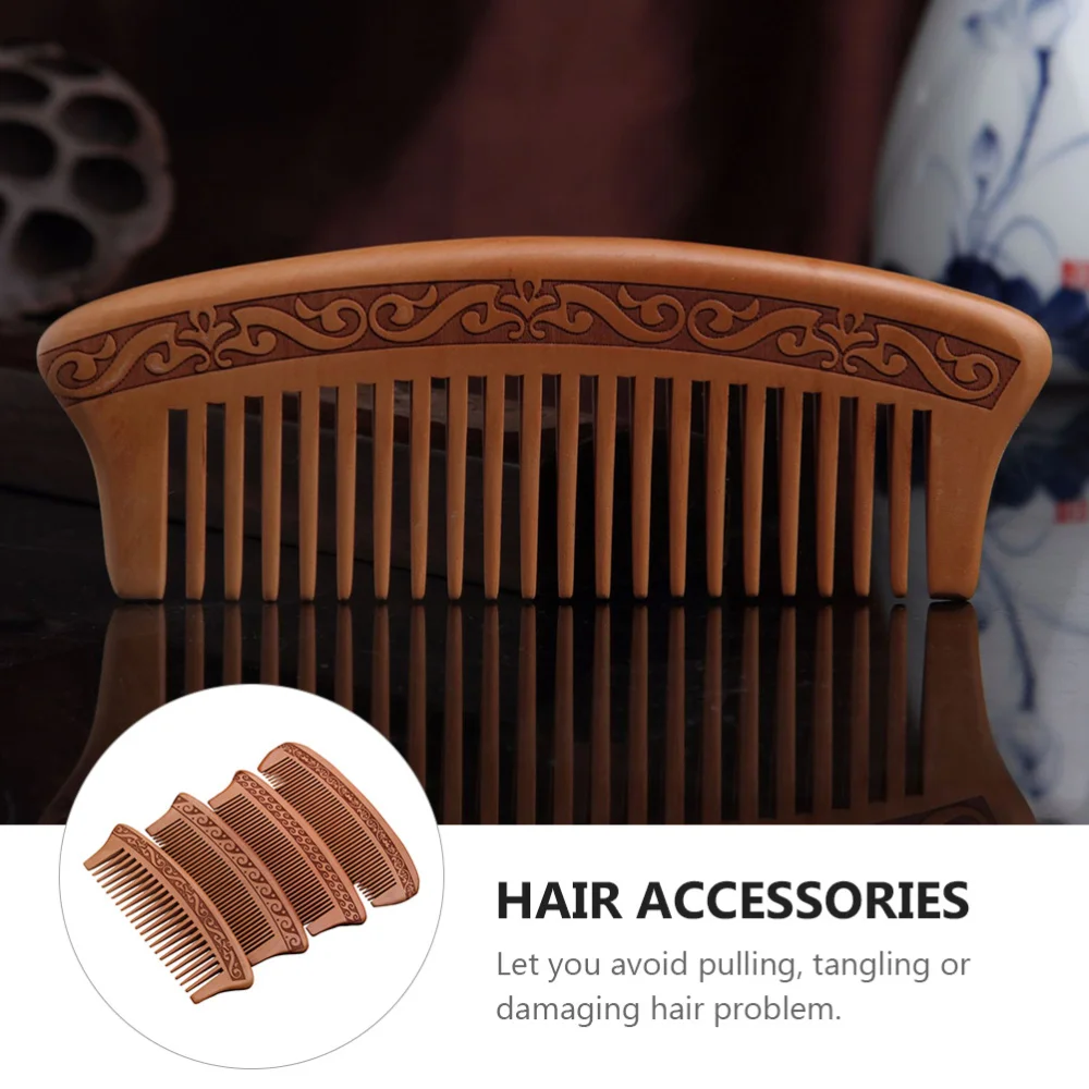 

4Pcs Thickened Peach Wood Hair Combs Anti-Static Carving Combs Portable Combs