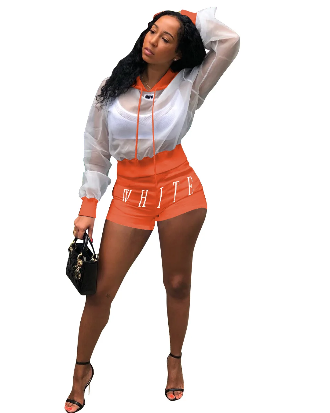 Женский спортивный костюм из двух предметов летний сетчатый укороченный топ с