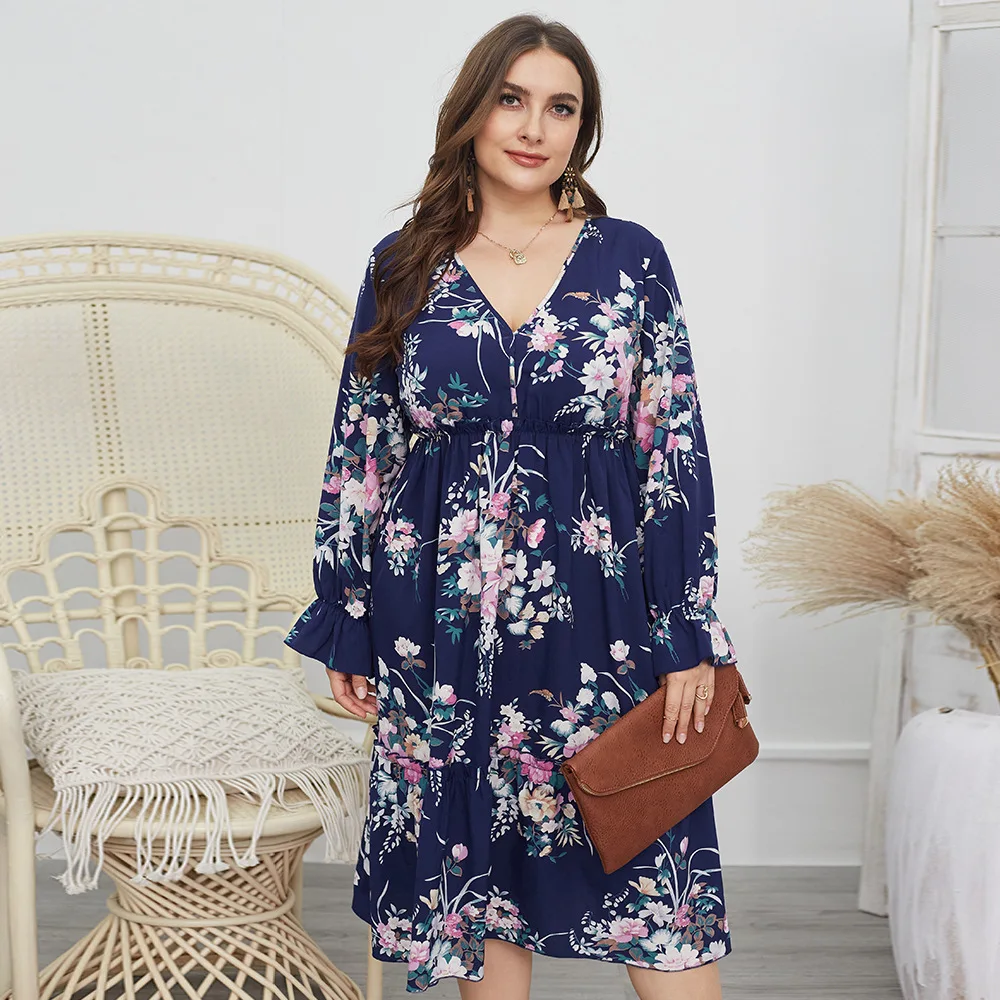 

Boho Chic Plus Size Floral Dress Women Summer V Neck Long Sleeve Bohemian Casual Midi 3XL Ladies Beach Tunic Robe