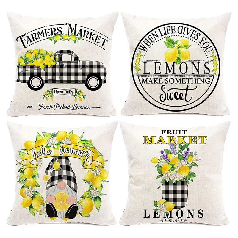 

Lemon Farmhouse Summer Pillow Covers 18x18 Set of 4,Farmhouse Pillows for Sofa, Outdoor Porch Lemon Home Decor