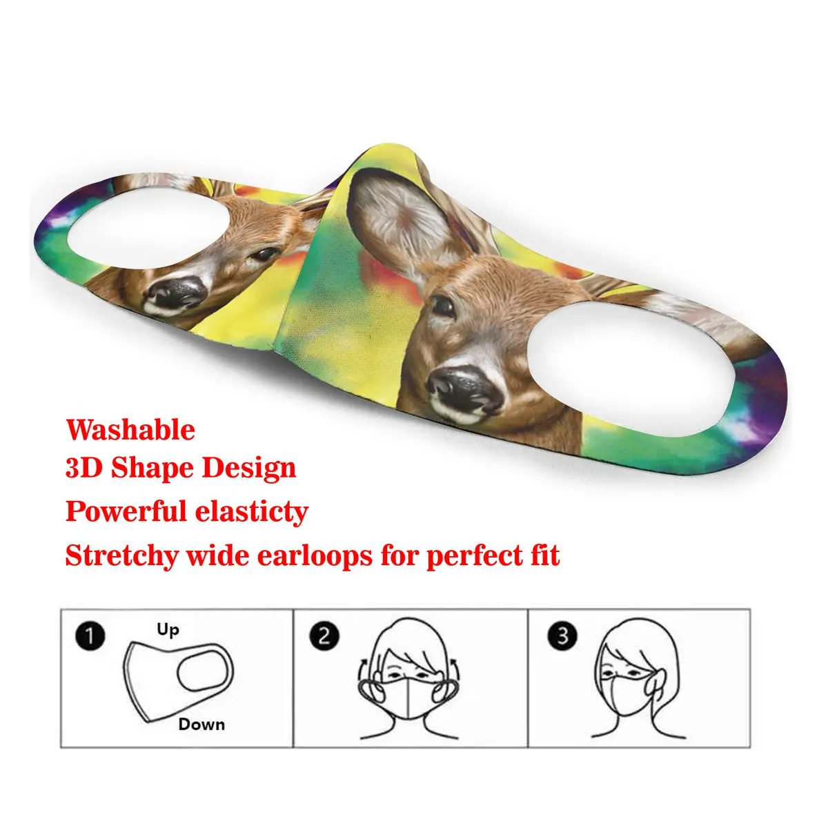 

Washable Earloop Mask 3D Tie Dye Wildlife Big Face Young Buck Deer Cycling Anti Dust Mouth Face Care Respirator for Summer