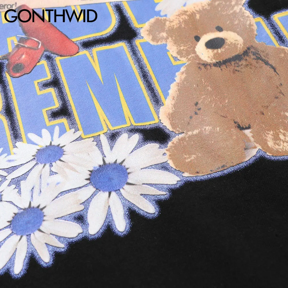 

GONTHWID Harajuku Embossed Daisy Bear Print Long Sleeve Tshirts Streetwear 2020 Men Hip Hop Fashion Casual Loose Tee Shirts Tops