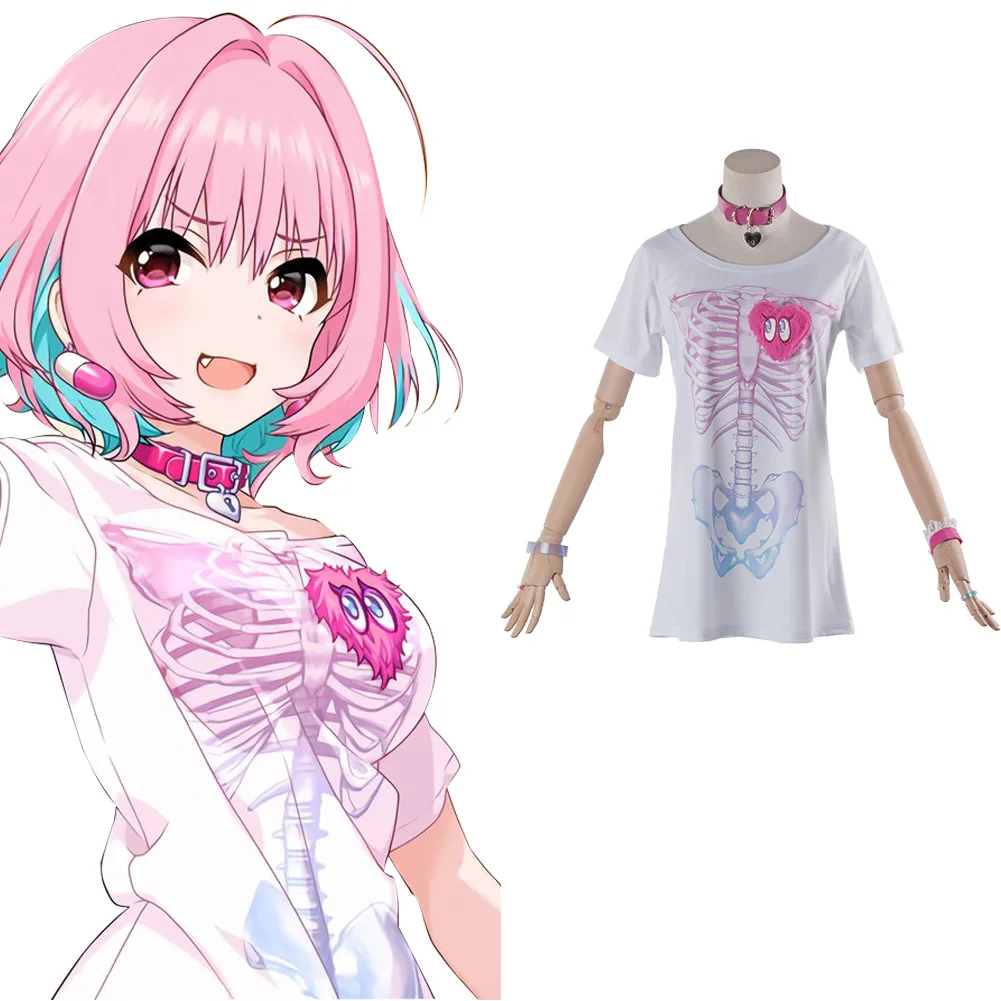 

Anime GIRLS Yumemi Riamu Cosplay Costume T Shirt Dress Accessories Wig Pink Hair Women Halloween Carnival Outfits