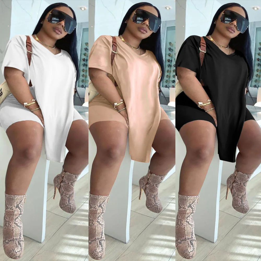 

New Black Plus Size Whi Women Clothing Two Piece Set 4xl Summer Dropshipping Slip HemTop Shorts Suit Casual Tracksuit Streetwear