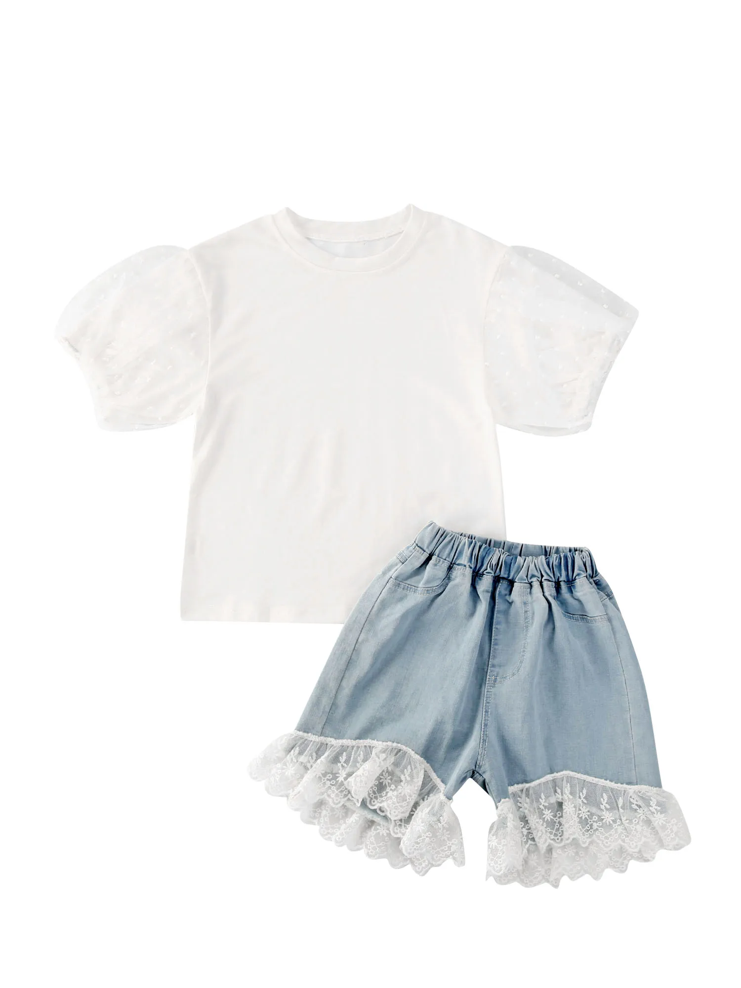 

Новый Милый Летний костюм для девочек костюм для маленьких девочек топ принцессы с рукавами-пузырьками и кружевные сшитые джинсовые шорты, ...