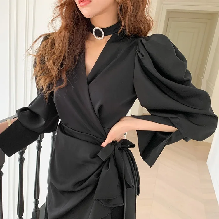 

Slim fit New 2021 Long sleeve Elegant Women summer dress ruffles female Mid Long Party Dresses Vestido