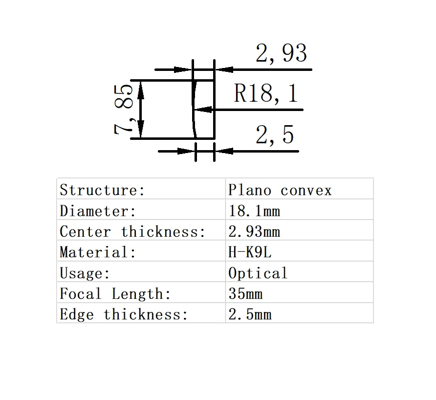 

Plano Convex Lens Diameter 18.1mm Focal Length 35mm H-K9L Glass Lens Optical Glass Optical Lens