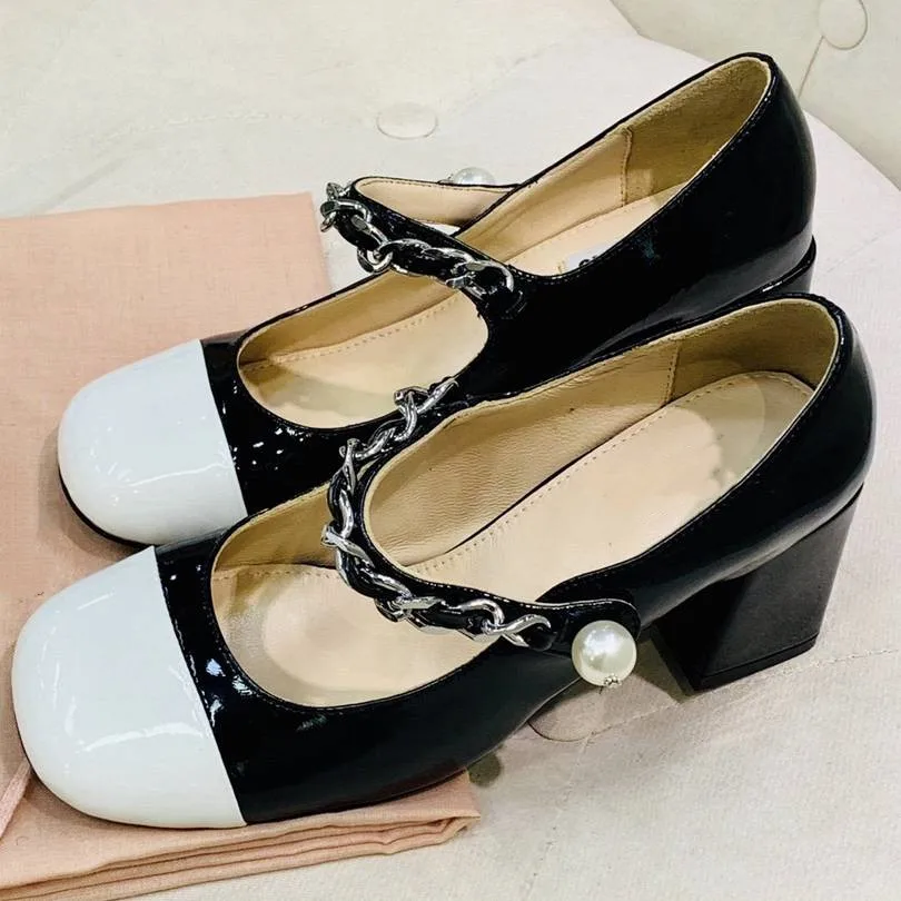 

Ollymurs Patent Leathers Pumps Women Mental Chain Pearl Button Decor Buckle Round Toe Square Heels Luxury Brand Shoes Women
