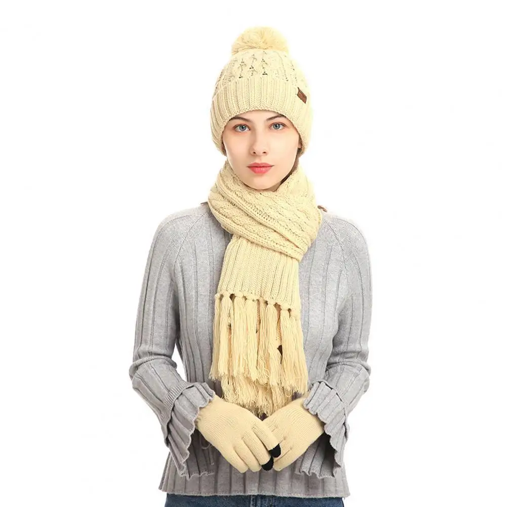 

Ele-choices 3Pcs Unisex Winter Beanie Hat Set Women Wear Resistant Touchscreen Woolen Yarn Cap Scarf Gloves Set for Christmas