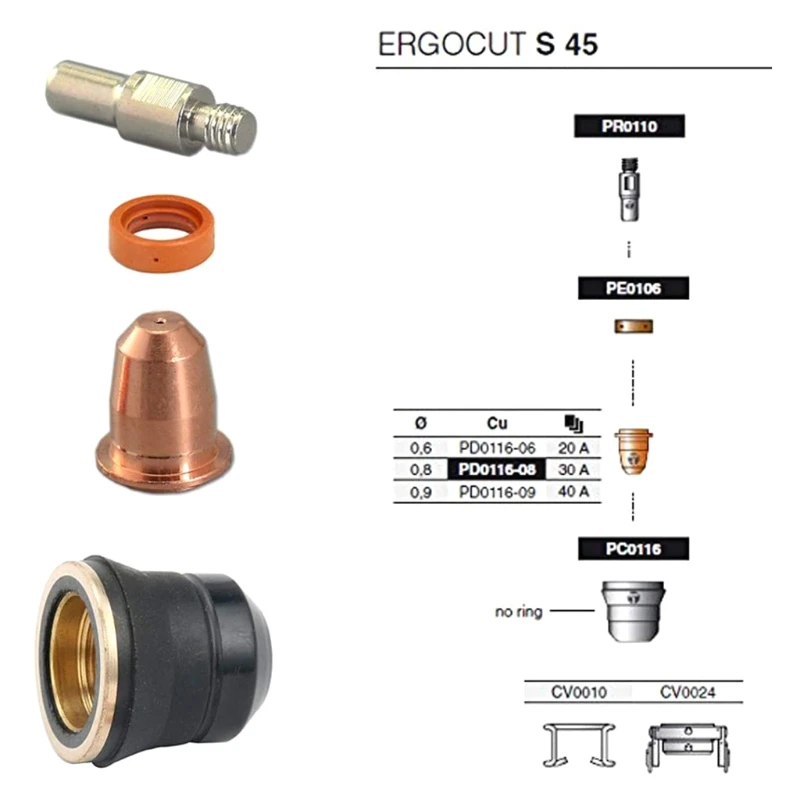

22pcs Plasma Electrode PR0110 Tip 0.8 PD0116-08 Shield Cup PC0116 Diffuser PE0106 Consumables For Trafimet S45 Torch