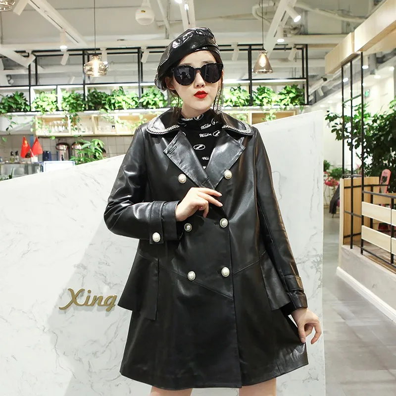 

Windbreakers Women Double Breasted Office Lady Genuine Leather Elegant Jacket Loose Fit Sweet Ruffle Long Jackets Sheepskin Coat