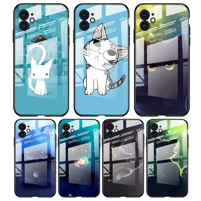 Cute cat cartoon For Apple iPhone 13 12 11 8 7 6S XS XR SE X 2020 Pro Max Mini Plus Tempered Glass Phone Case