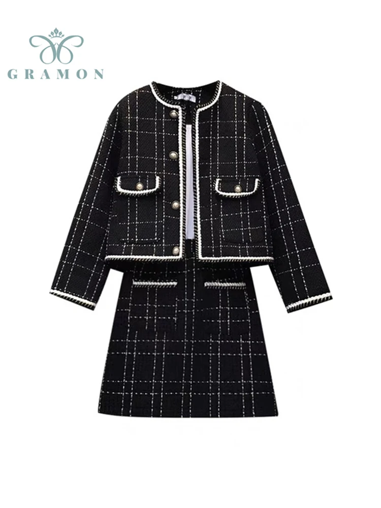 

Women 2 Piece Sets Long Sleeve Cardigan Tops And Plaid High Waist A-line Skirt Plus Size Spring Autumn New Ladies Skirt Suits