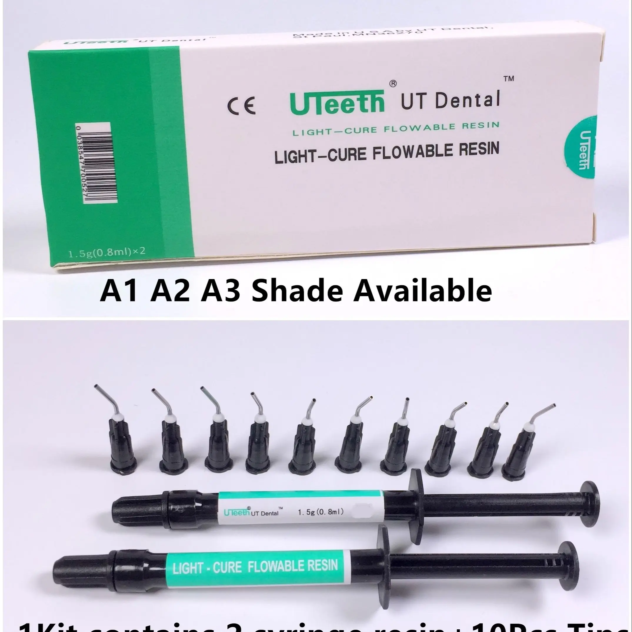 1Kit UT Dental Flowable Composite Flow Resin Light Cure 2 Syringe A1 A2 A3 Color Shade Dispensing Tips Tooth Filling Material
