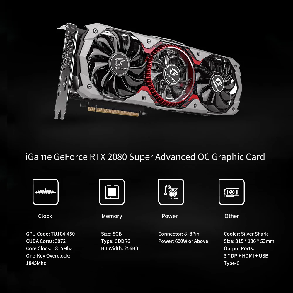 Красочная iGame GeForce RTX 2080 Super Advanced OC GDDR6 8G Графическая панель с карточками сзади Armor 5*8 мм медь