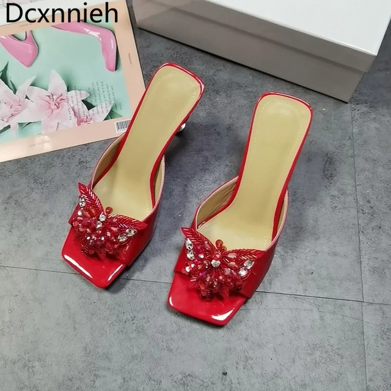 

Square Head Red Patent Leather Crystal Heterosexual Heel Sexy High Heels Rhinestone Sequin Butterfly Flower Outer Wear Slippers