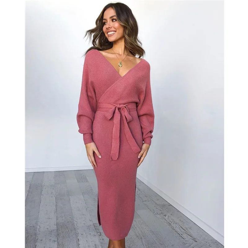 Женское трикотажное платье Mozuleva осенне зимнее свитер с v образным вырезом и