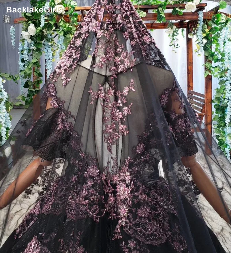 Розовое Кружевное черное свадебное платье элегантное винтажное с круглым