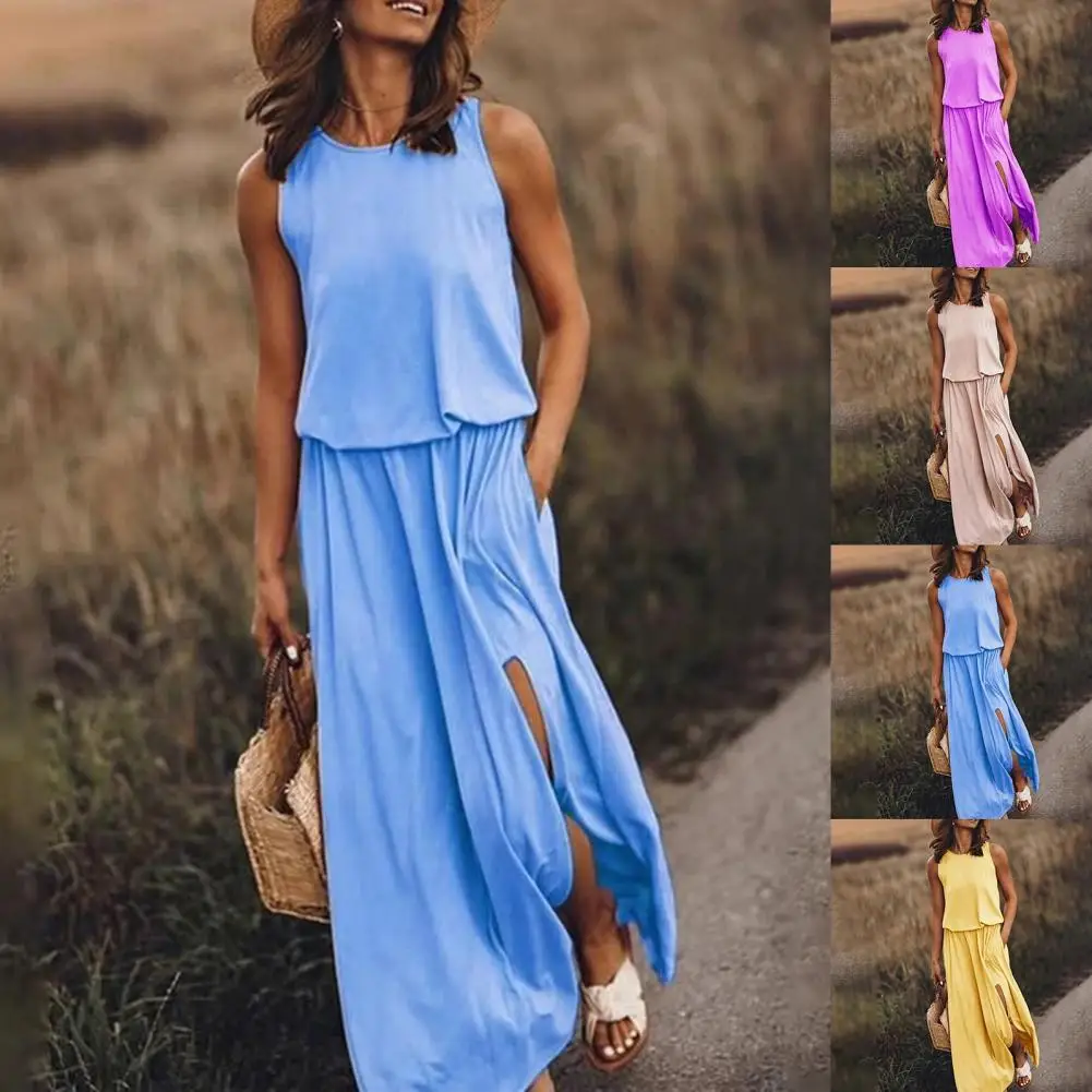 

Summer Sundress Women Elegant Party Dress Long Dress Solid Color Split Hem Women Sexy Round Neck Sleeveless Dress Streetwear