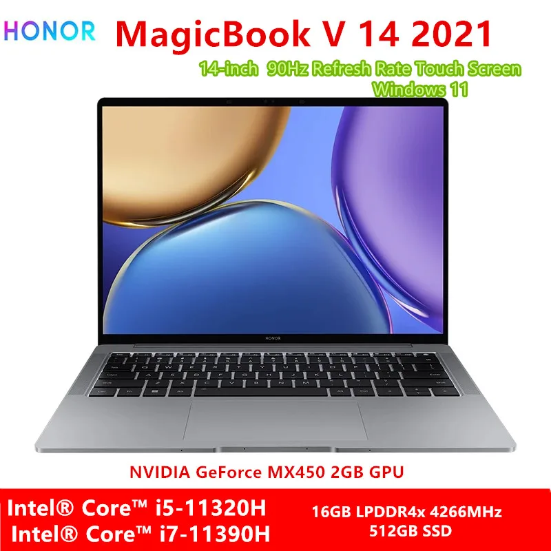 Новый ноутбук HONOR MagicBook V14, 2021 дюйма, 14,2 дюйма, искусственная кожа, 16 ГБ, 512 ГБ, MX450, 90 Гц, сенсорный экран с обновлением, Windows 11