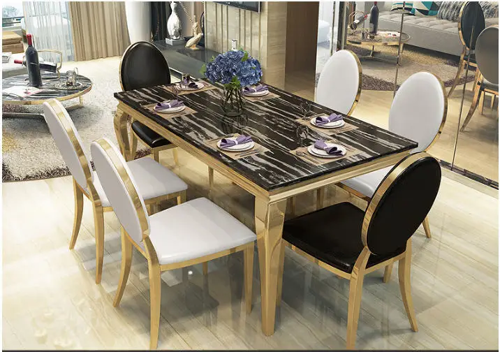 

Stainless steel Dining Room Set Home Furniture minimalist modern marble dining table and 6 chairs mesa de jantar muebles comedor